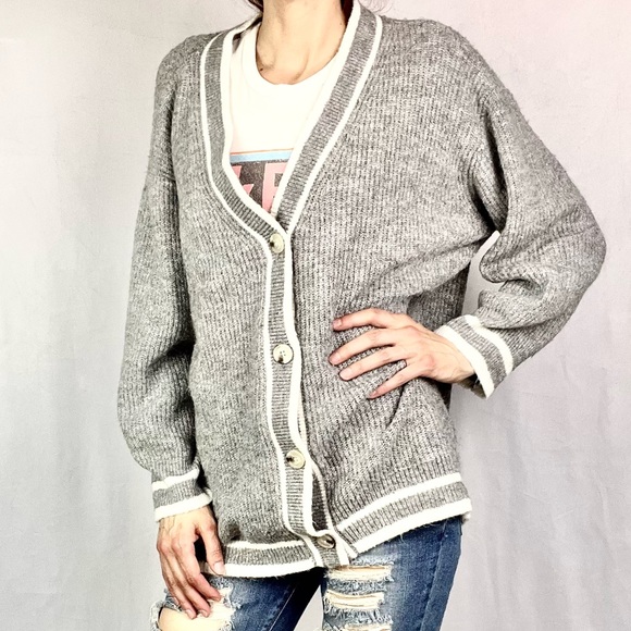 A NEW DAY | Heather Gray White Striped Oversized V-Neck Cardigan Sweater - Picture 3 of 11